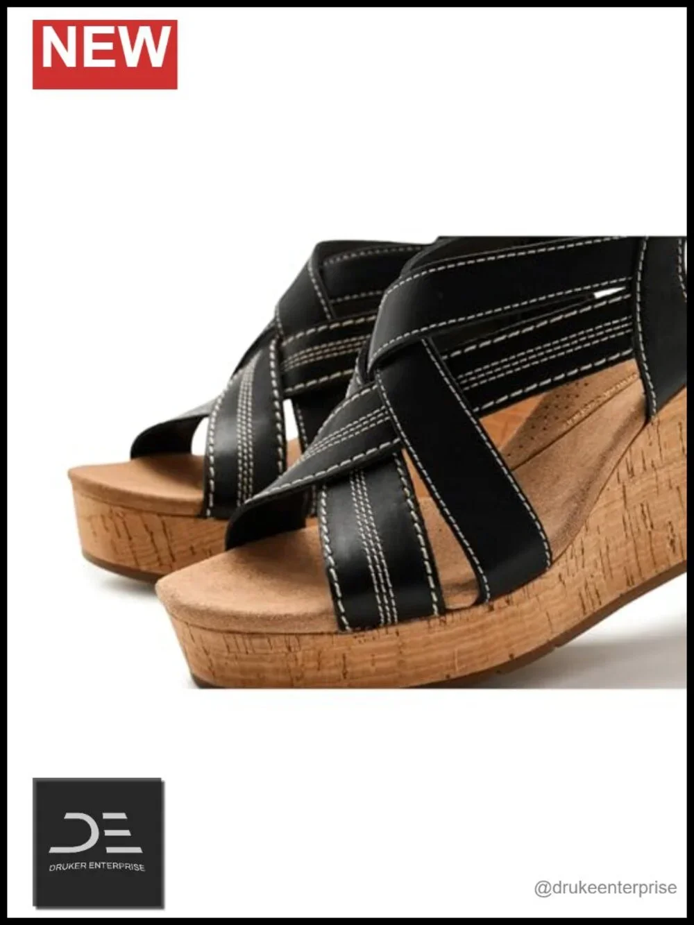 Clarks Sabina Sling Wedge Sandals Black Leather Adjustable Strap Women's